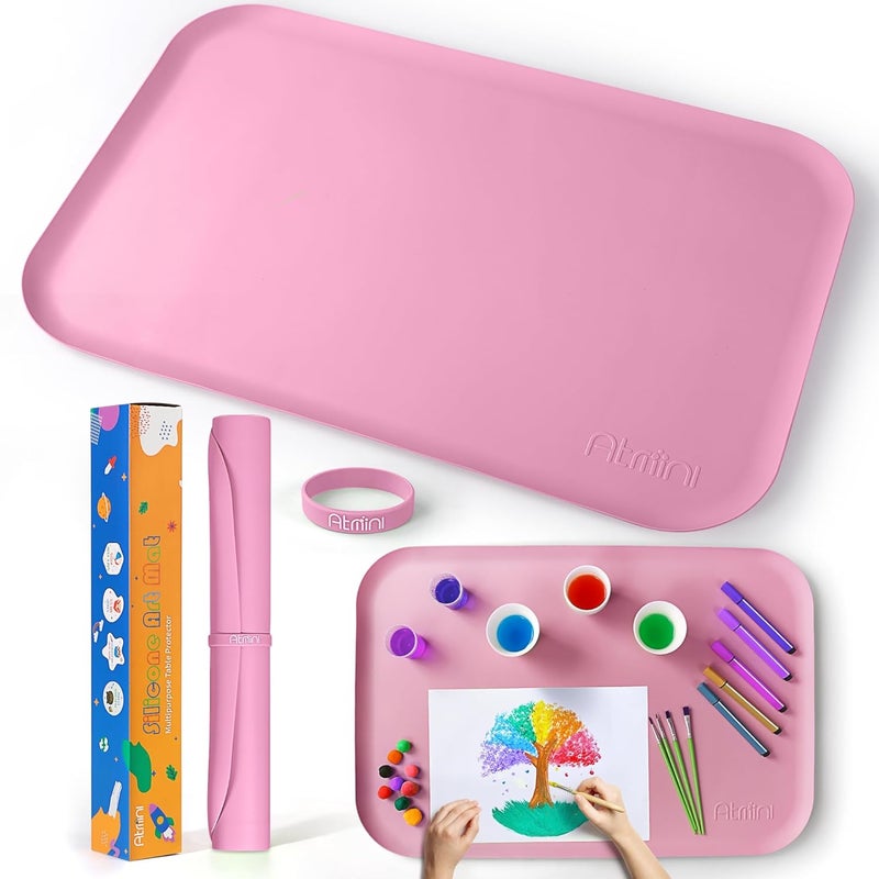 AtMini Store Silicone Craft Mats for Kids 24"x16"– with Raised Lip & Non-Slip | Reusable Silicone Art Mat for Play Sand, Painting, DIY Crafts | Durable Design (Pink) - Image 1